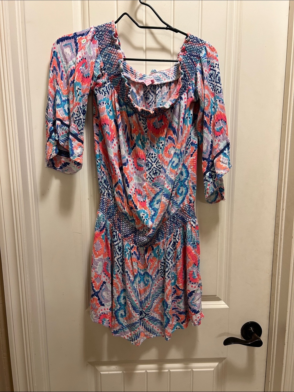 Lilly Pulitzer S Coral, Blue & White Smocked Mini Dress